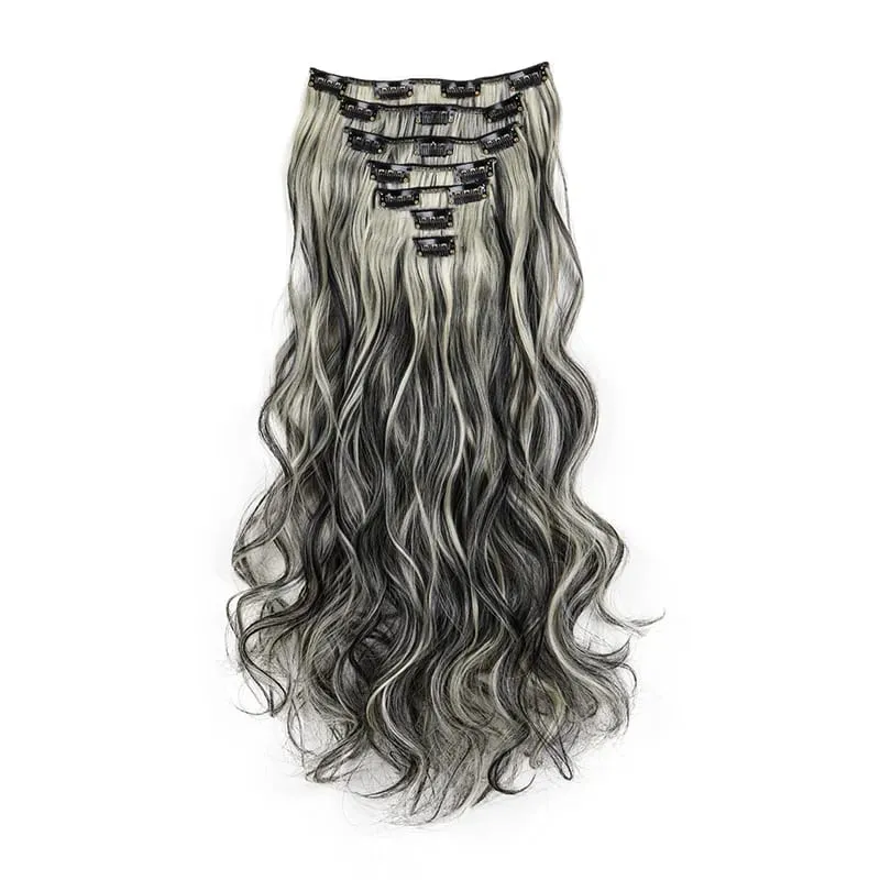 24Inch Synthetic Hair Extension Long Wavy Curly 7pcs/Set Hair Clip Style Hair Extensions Black Blonde Hairpiece for Women