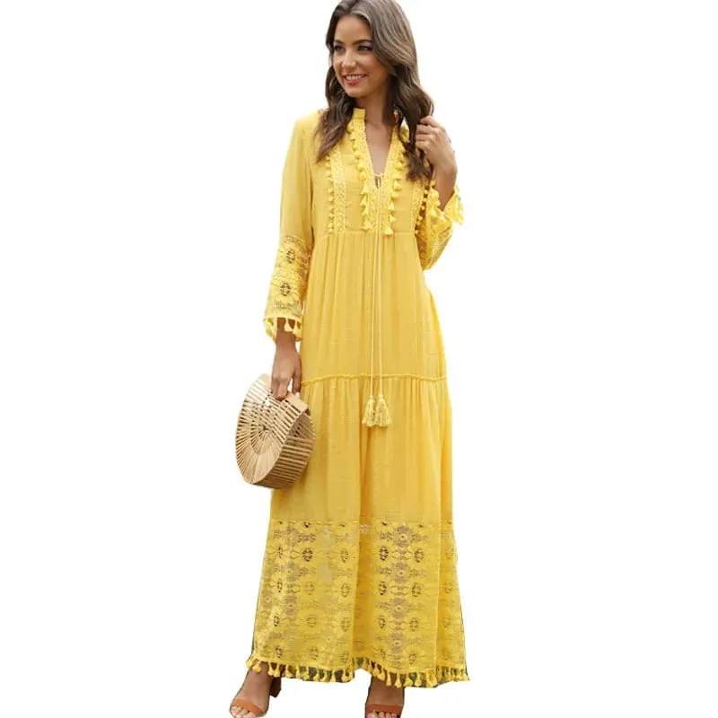 Damen Bohemian V-Ausschnitt Quaste Große Größe Freizeitkleid Frauen Spitze Solide Mode Kleid Elegante Robe Boho Urlaub Langes Kleid