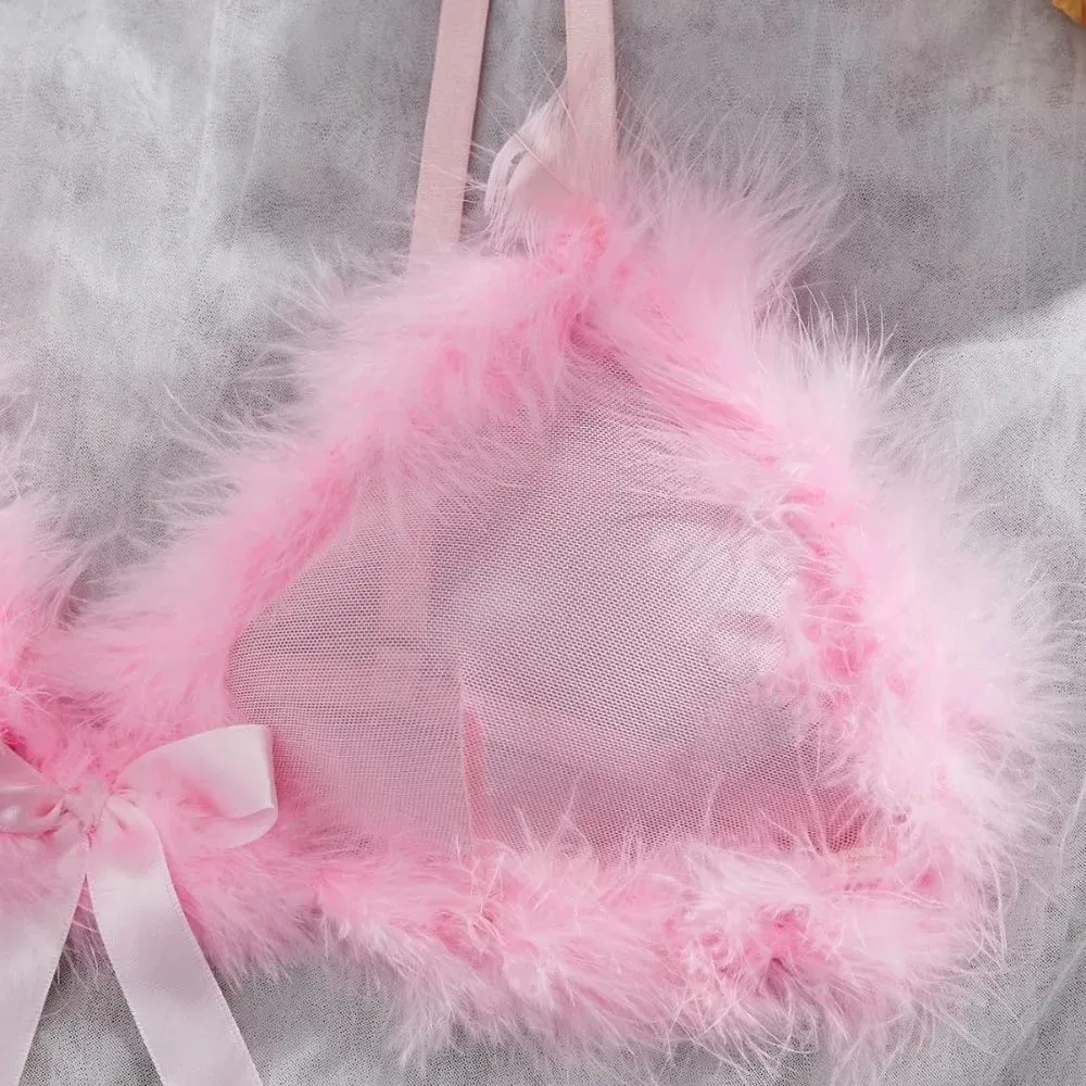 Christmas Furry Women's Underwear Wireless Mesh Transparent Lingerie Set Romantic Intimate Bow Decor Bra Panties Suit Home