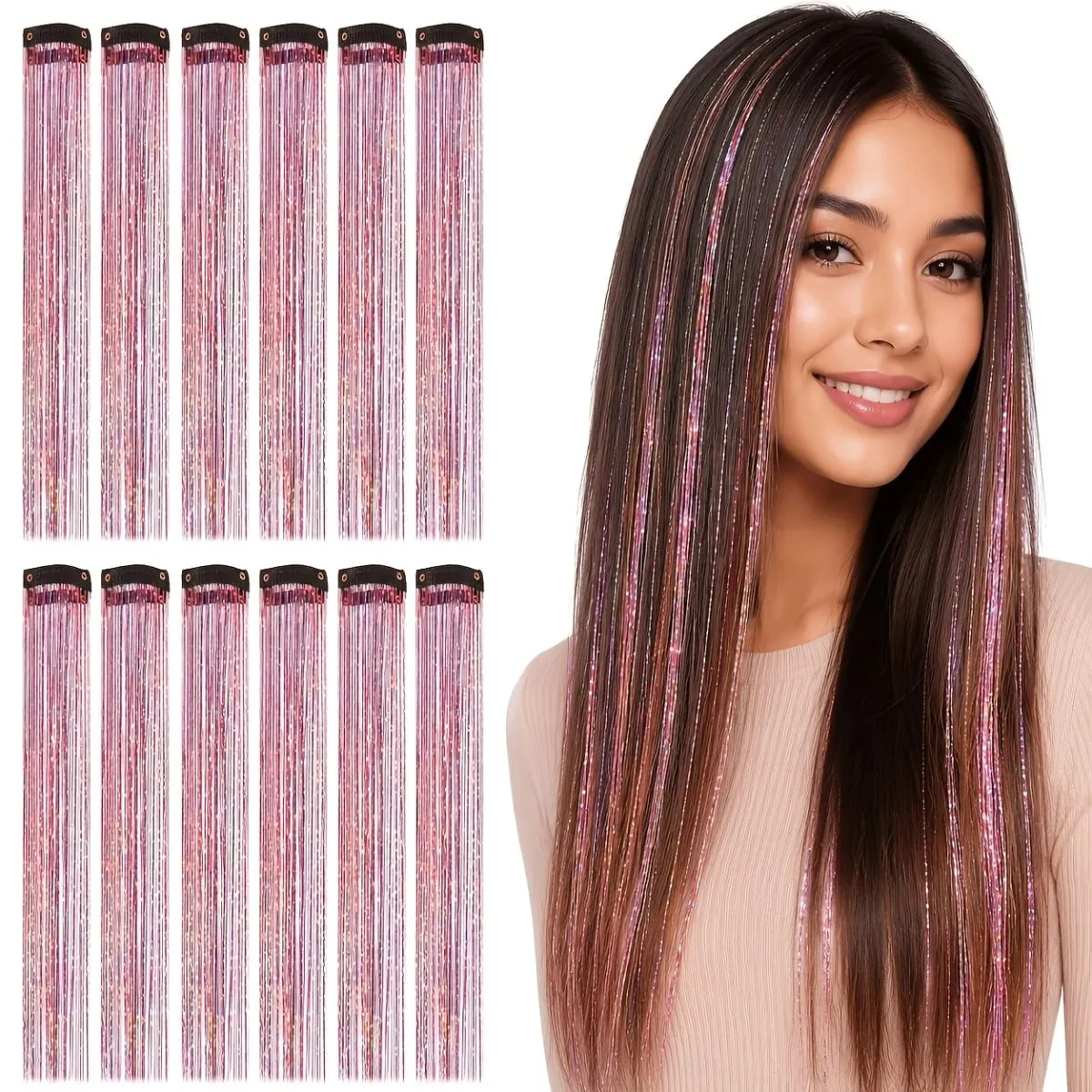 4pcs Clip-In Hair Tinsel Extensions Sparkly Holographic Glitter Hair Strands with Snap Clips Reusable Easy-To-Wear Hair