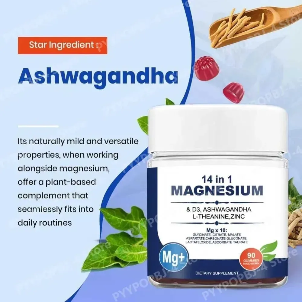 Magnesium Complex 14 in 1 Gummies with Ashwagandha L Theanine D3 Zinc Daily Nutrition Supplement Sleep Calm Support