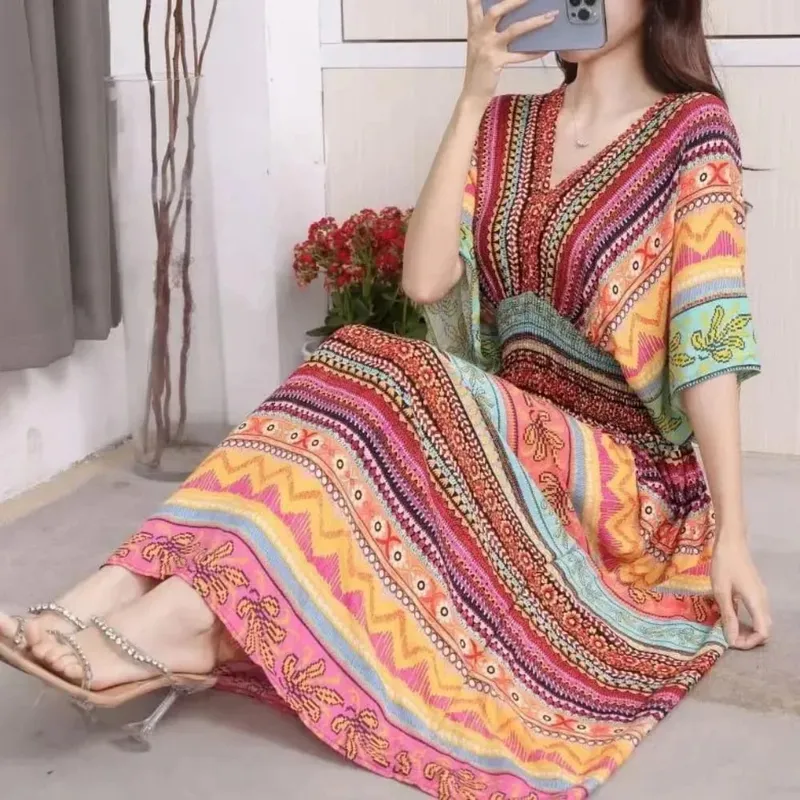 Na co dzień elegancki retro czeski styl narodowy dekolt w serek w pasie duża huśtawka z nadrukiem letnia długa spódnica kobieca sukienka ubrania