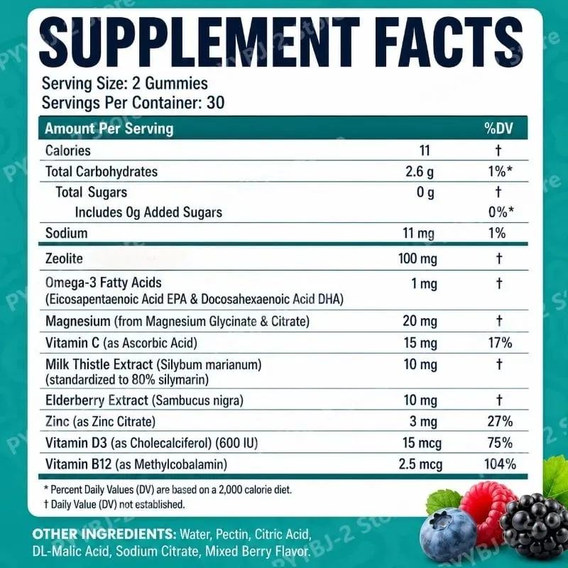 Zeolite Gummies 60 Count Contain Multivitamin Omega-3 Magnesium and Elderberry Support Detoxification & Immune System Health