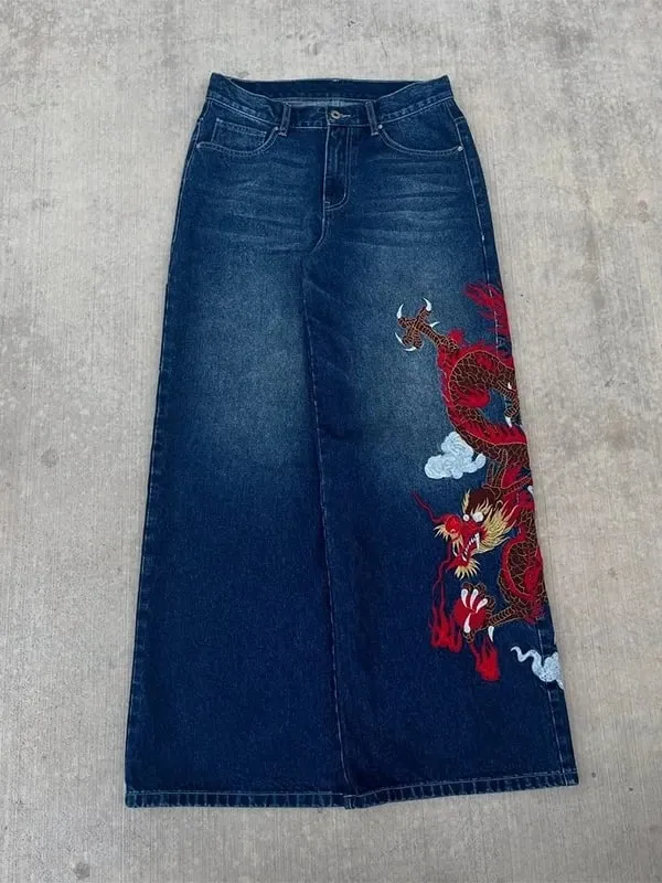 Unisex White Red Tribal Flame Print Loose Wide Leg Jeans Y2K Grunge Streetwear Oversized Denim Pants