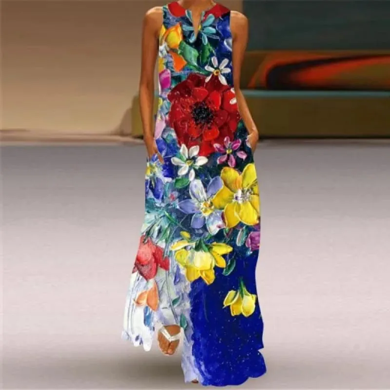 Women Dresses 2026 New summer wear sleeveless long dress V-neck printed emerald flower dress women's clothing vestidoes