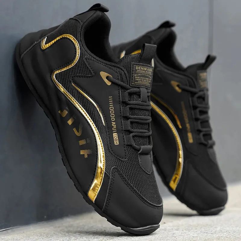 Trendy Black and Gold Color-Blocking Mesh Casual Shoes Men's Breathable Shock-Absorbing Thick-Soled Sneakers Versatile Soft-Soled Non-Slip Men's Shoes for Daily Commuting