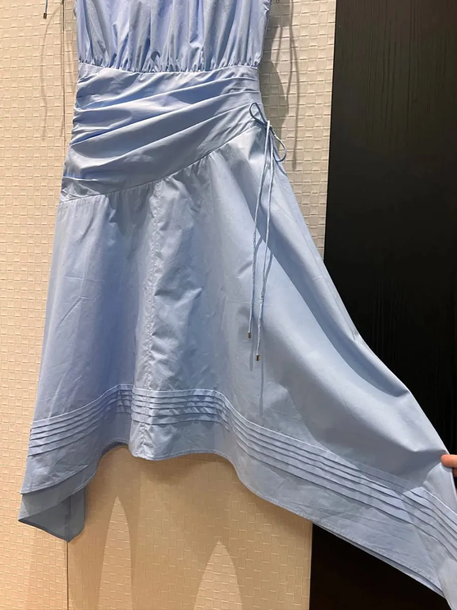 New 2026 spring summer women drawstrings stand collar cotton dresses sleeveless folds irregular dress