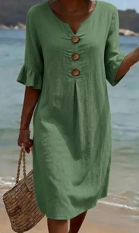 2026 Amazon European and American Cross-Border Spring and Summer New Cotton and Linen V-Neck Dress with Large Buttons and Ruffle