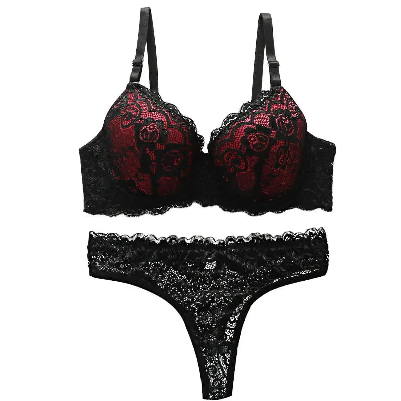 Women's Red and Black Lace Bra and Panty Set Push Up Underwire Lingerie 2026