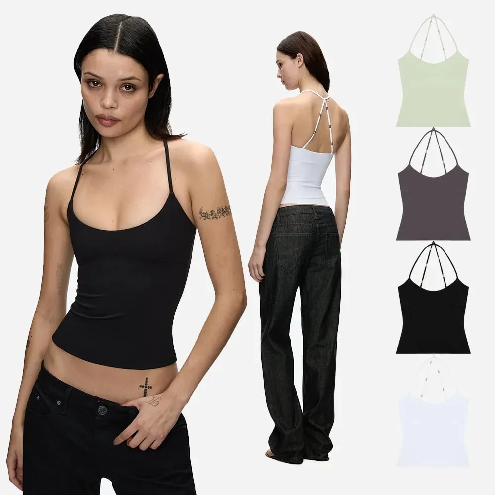 Tank Cross-Back Halter Top Tailored Waist-Cinching Camisole U-Neck Halter Tank Top Metal Embellished Slim-Fit Top for Layering or Wearing Alone
