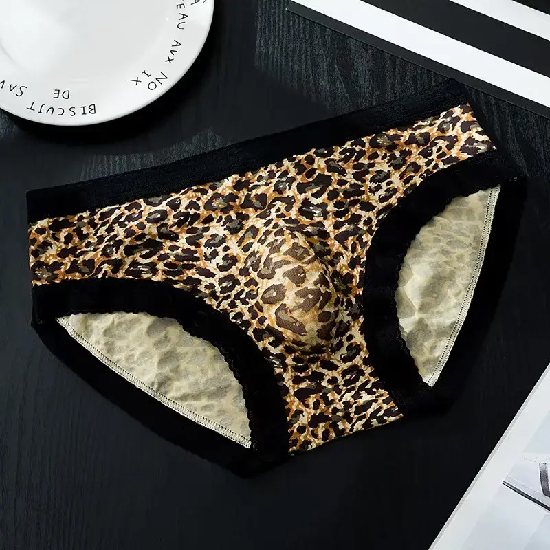 Men's French Lace Briefs Sexy 3D U Convex Pouch Underpant Summer Thin Ice Silk Breathable Underwear Low-rise See Through Panties