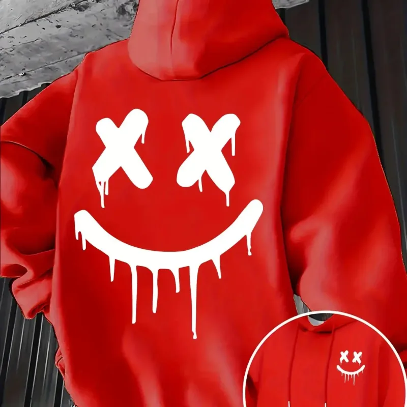 Smiley face print men's and women's autumn winter trendy printed hooded fleece sweatshirt front back casual hoodie