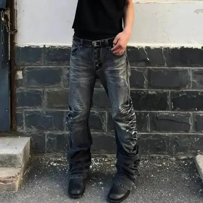 Amerikai stílusú férfi farmer nadrág mosógombos kivitel, redőzött bő farmer kontraszt színű alkalmi férfi alsó vintage 4K5156