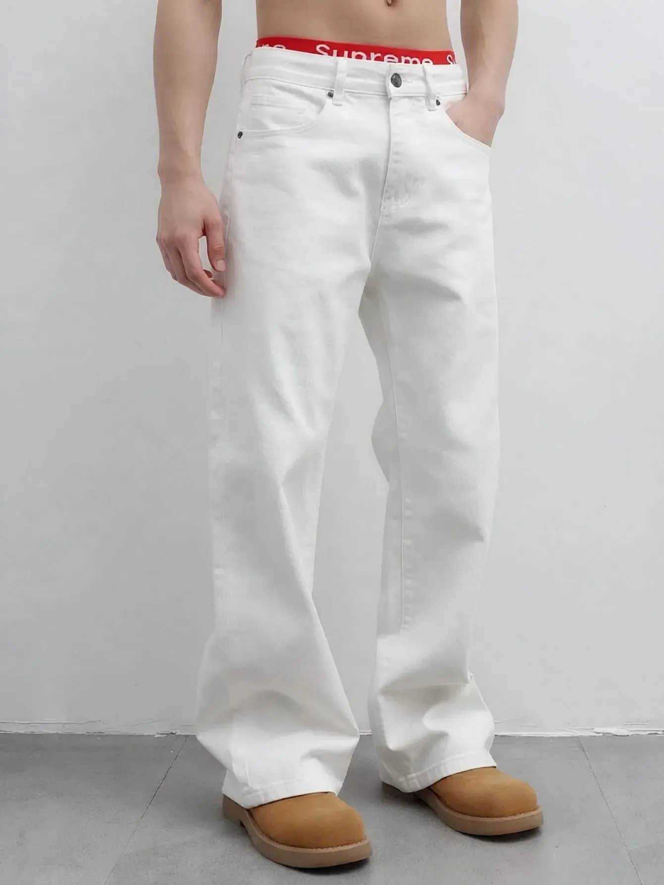 【HME】Men's Jeans | Street Fashion Denim Pants Solid White Flared‑Leg Denim Trousers With Fine Craft Stitching Versatile Casual Pants Well‑Built Denim Bottoms Trendy Male Denim Apparel For Multiple Daily Occasions