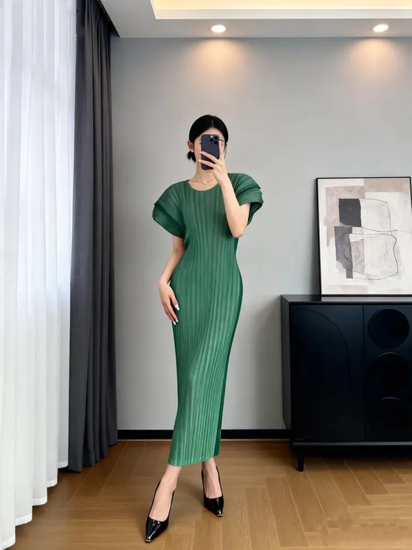 Miyake Stretch Pleated Slim Long Dress for Women Round Neck Short Sleeve Elegant Bodycon Midi Party Casual Dresses