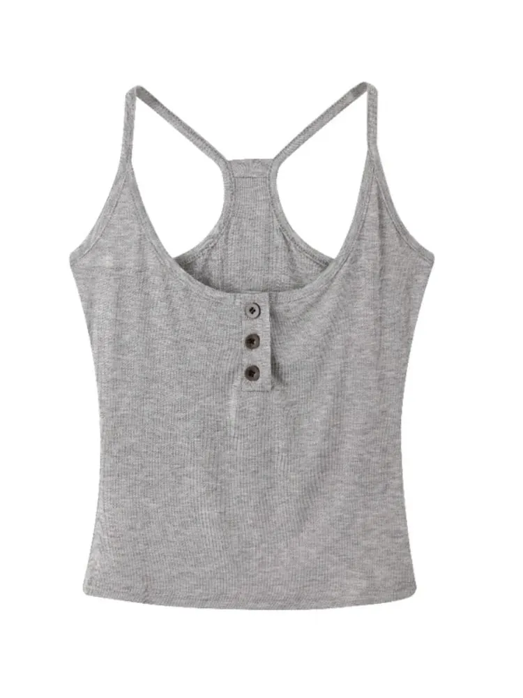 Korean Stylish Design U-Neck Button Sleeveless Camis 2026 Summer Y2K Hot Girl Layering Tank Top Solid Color Versatile Crop Top