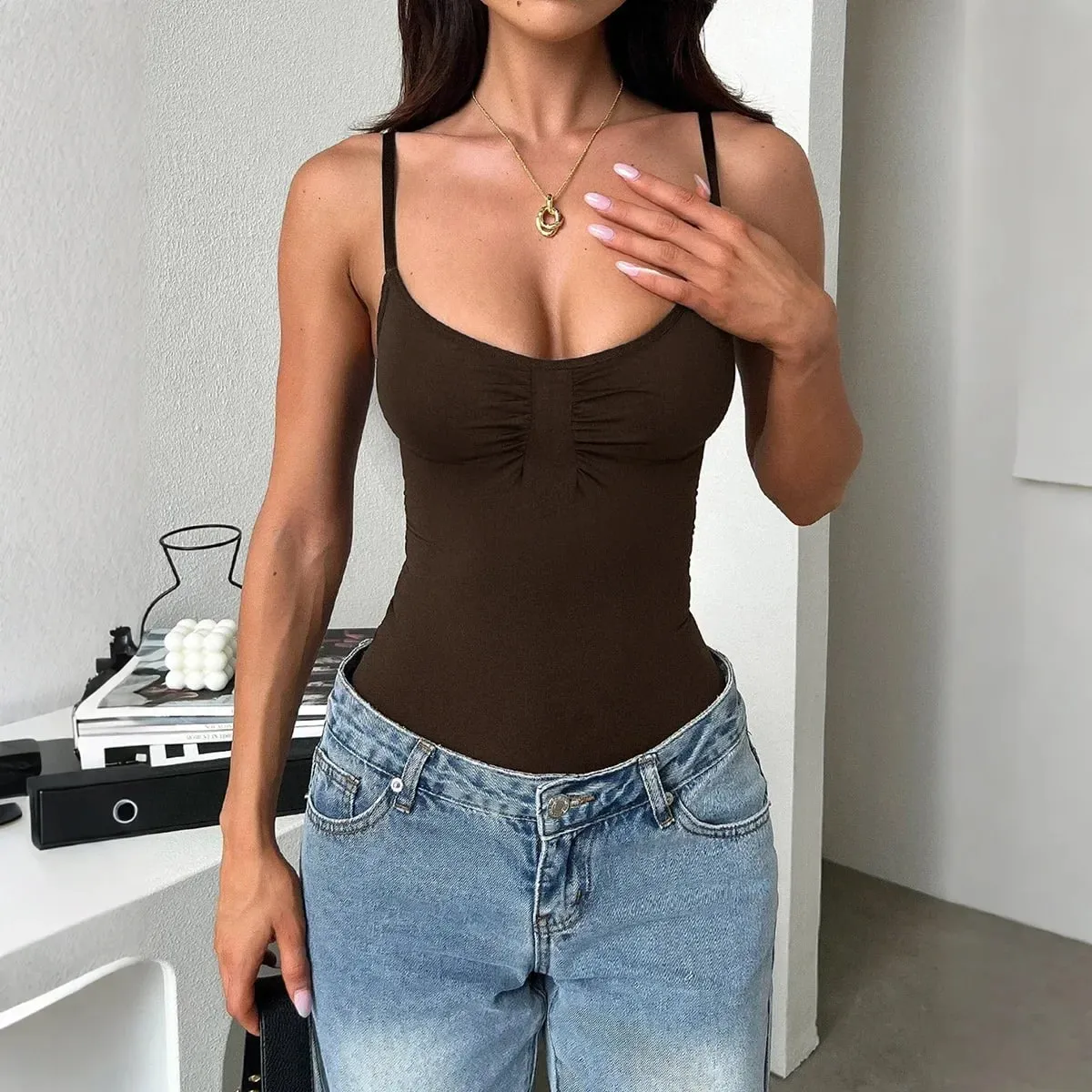[You're My Secret] Brown Spaghetti Strap Bodysuit for Women Black Sleeveless Vest Top Y2K Gothic Bodysuit Fashion Streetwear