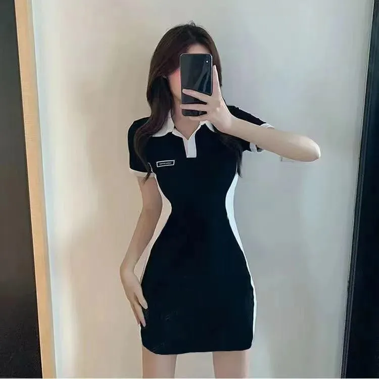 Women Black White Color Block Polo Dress Short Sleeve Bodycon Mini Dress Slim Fit Casual Summer Dress
