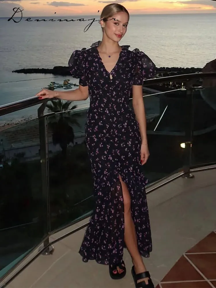 Elegant Printed Lace Trim V-Neck Dress Women Puff Sleeve Ruffled Hem Slit Maxi Dresses 2026 Summer New Lady Fashion Evening Wear