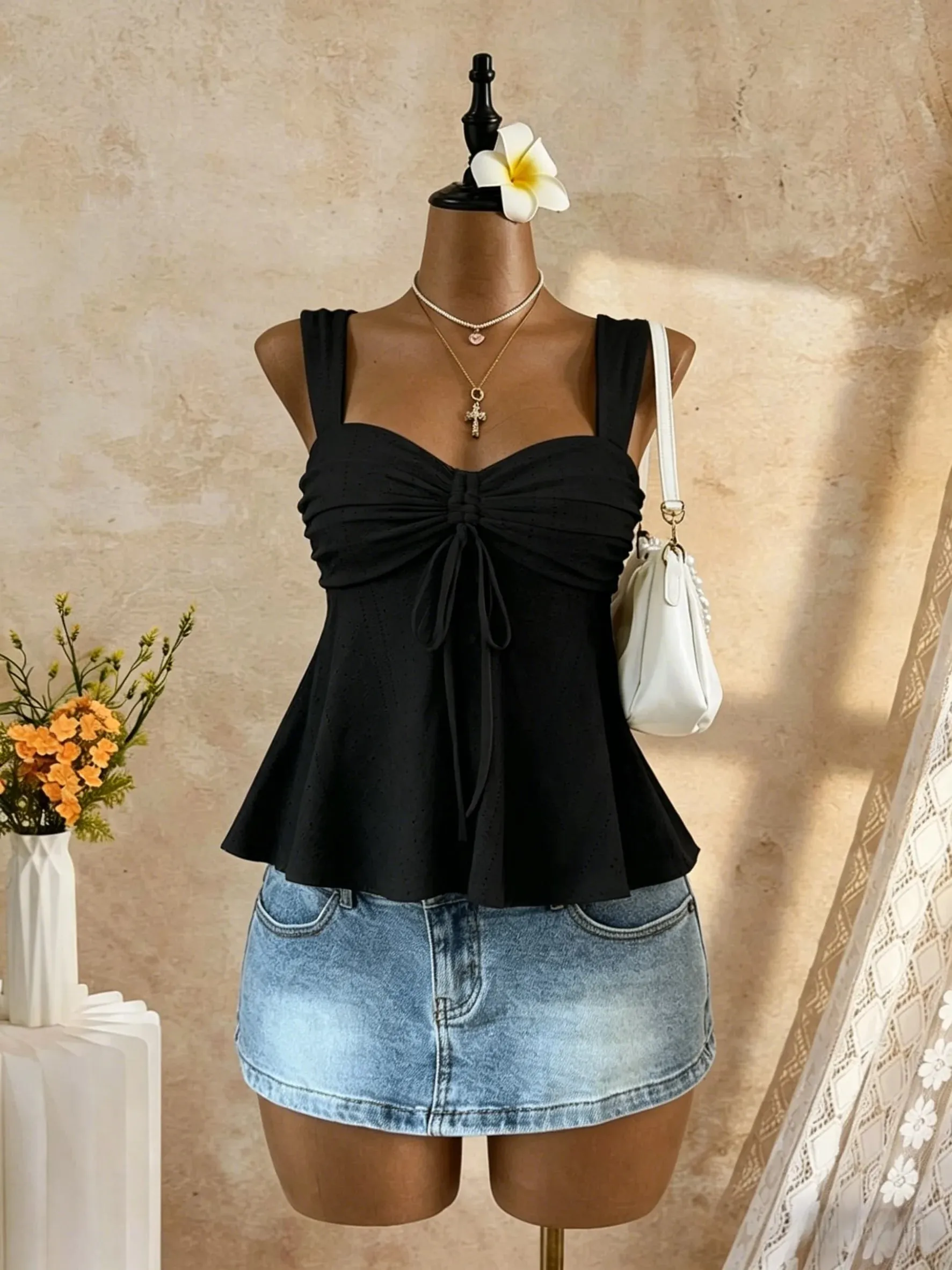 Women Sweetheart Neck Drawstring Ruched Peplum Cami Top Polka Dot Print Sleeveless Casual Camisole Outfit