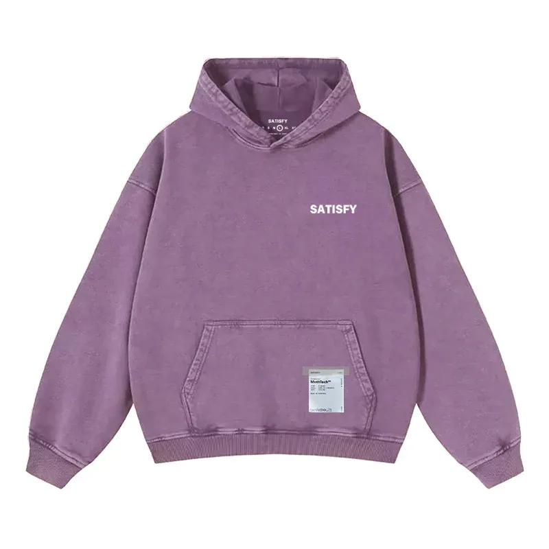Elf-Adhesive SATISFY Flocking Print Hoodie Sweatshirt Jacket Street Style Loose Fit Long Sleeve for Young Men And Women