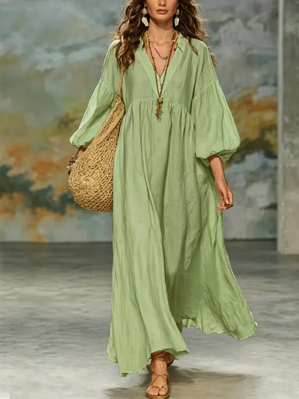 Women Bohemian Linen Maxi Dress V Neck Puff 3/4 Sleeve Loose Flowy Long Dress Casual Beach Vacation Sundress