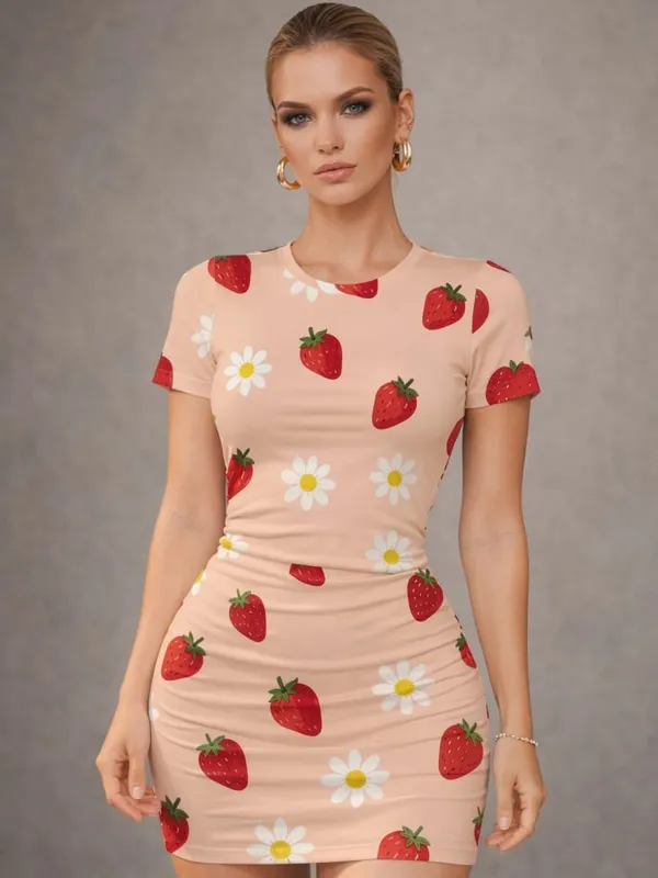 Womens Short Sleeve Bodycon Mini Dress Slim Fit Crew Neck Floral Print Casual Summer Party Cute Trendy Elegant Vacation Sundress