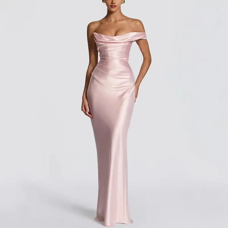 New One Shoulder Satin Women 's Maxi Dress Cowl Neck Ruched Waist Bodycon Dresses Summer Woman Formal Evening Party Vestidos