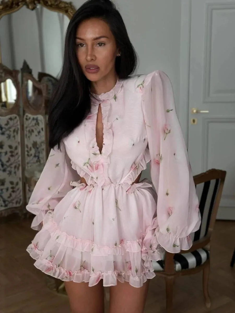 Gaun Mini Sifon Motif Bunga Merah Muda Wanita Gaun Hem Ruffle Bertingkat Pinggang Potongan Punggung Terbuka Lengan Puff 2026 Gaun Pesta Kasual