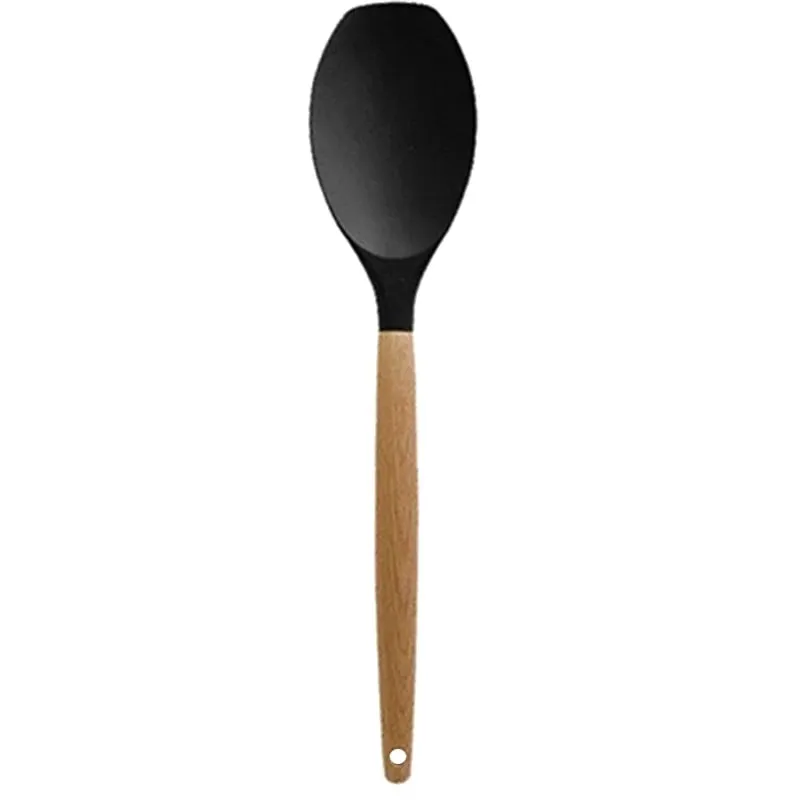 ♥Silicone Cooking Utensils with Wooden Handle – Heat-Resistant Spatula & Spoon for Non-Stick Pans