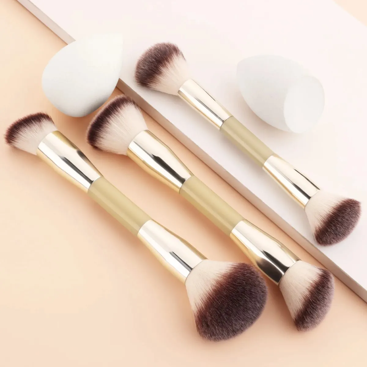 5Pcs Makeup Tool Set 3 Double Ended Brushes 2 Beauty Sponges For Foundation Blush Contour Face Cosmetic Kit
