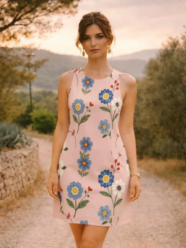 Bayan Çiçekli Kolsuz A Line Mini Elbise Yuvarlak Yaka Rahat Sundress Tatil Brunch Veranda Yürüyüşü ve Günlük Giyim Konforu için — image 9