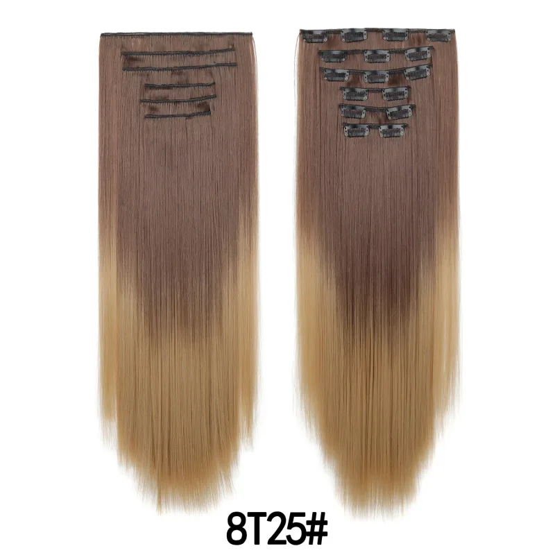 6 ชิ้น 24 นิ้วสี Ombre คลิปต่อผมยาวสังเคราะห์ตรง Hairpieces Layered นุ่มคลิปที่มองไม่เห็น Ins Extensions