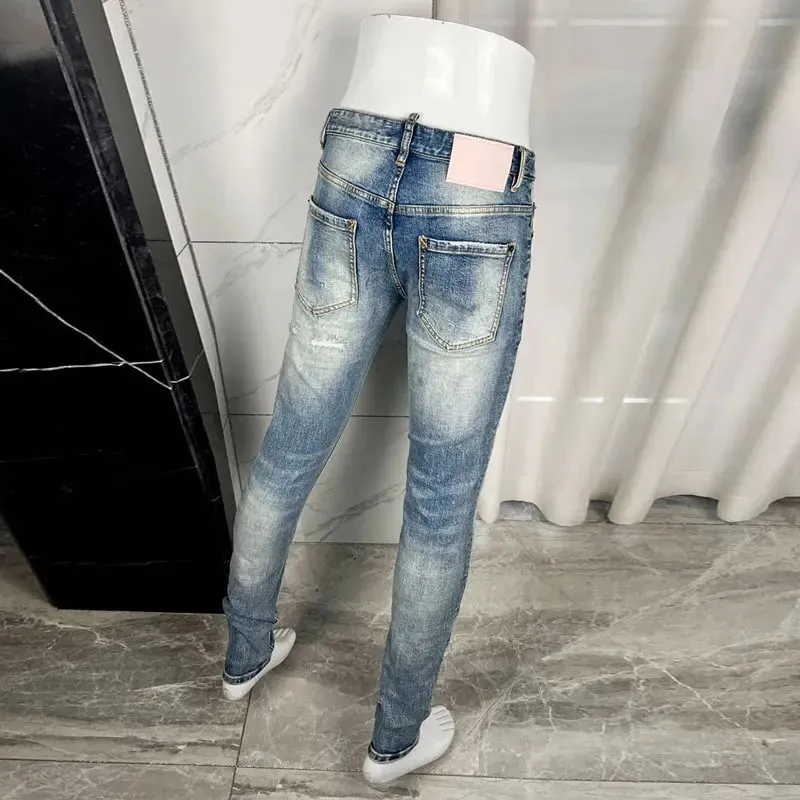 Light Blue Men's Slim Fit Jeans Elastic Waist Distressed Hip Hop Brand Fashionable Nostalgic Washed Color Patch Jeans