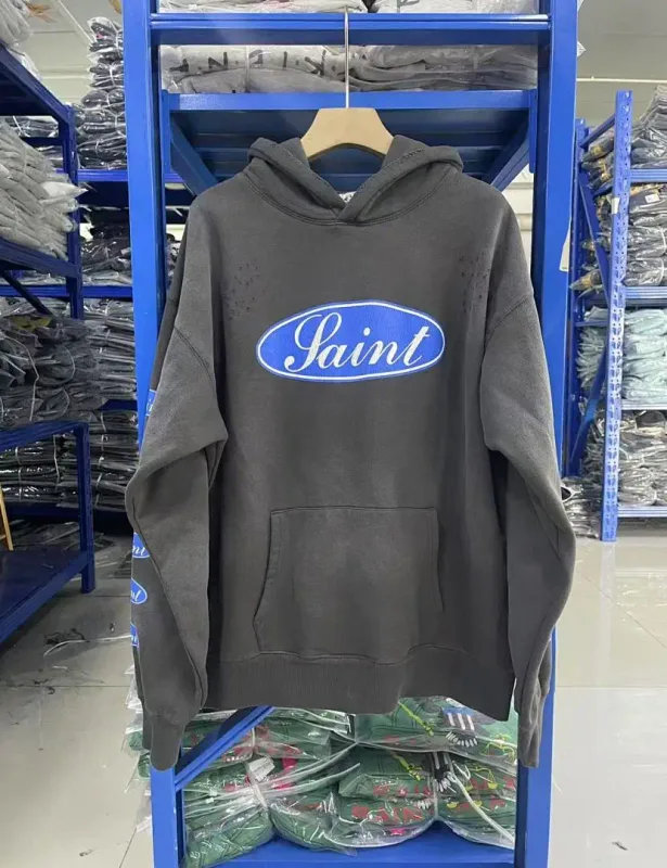 24FW SAINT Vintage Angel Printed Distressed Women Men Hooded Sweatshirt Hoodies Oversized Men Casual Cotton Pullover Hoodie