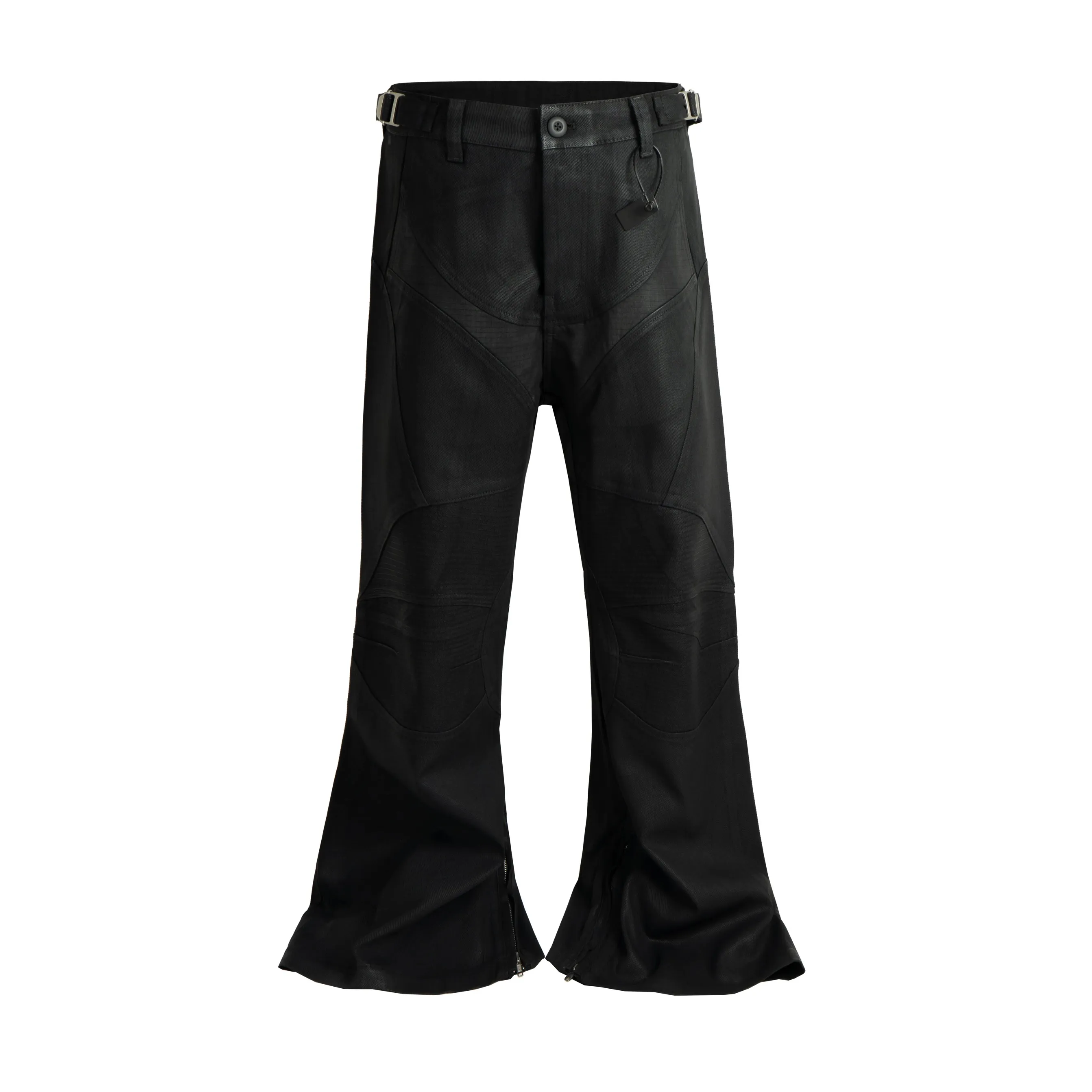 Techwear Style Waxing Coating Pleated Patchwork Punk Flared Jeans Man Waist Buckle Design Vintage Motorcycle Casual Pants
