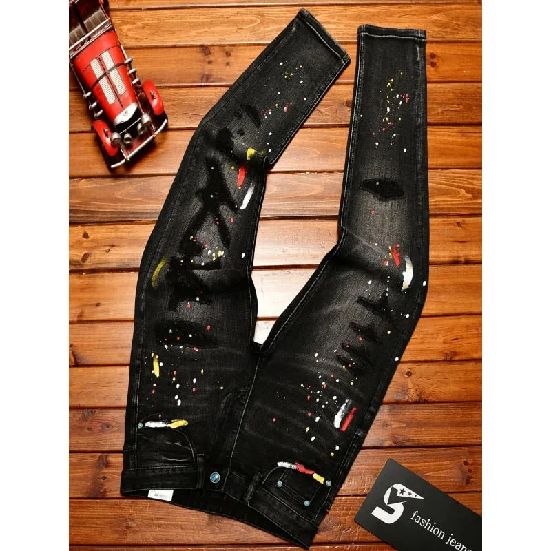 High-End Vintage Ripped Jeans for Men Slim Fit Trendy Paint Print 2025 Autumn and winter casual trendy long pants
