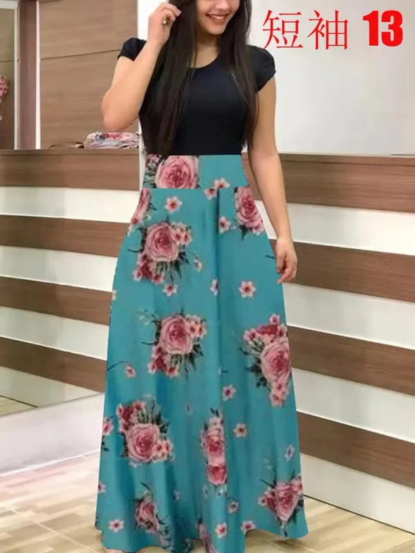 2024 Vestido de manga corta a juego con estampado de flores de estilo europeo y americano para mujer, falda con vuelo grande