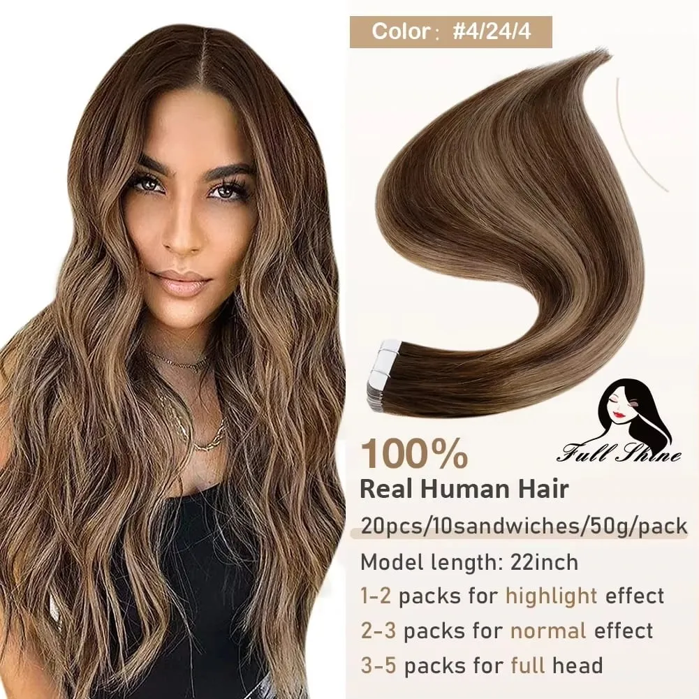 Full Shine Tape in Hair Extensions 20Pcs Skin Weft Remy Straight Hair Glue on Brazilian Hair for Women
