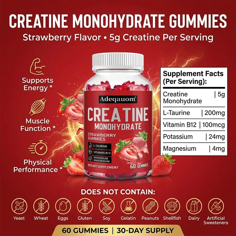Creatine Monohydrate Gummies 5g for Men & Women To Support Muscle Strength Recovery Cognitive Health & Memory