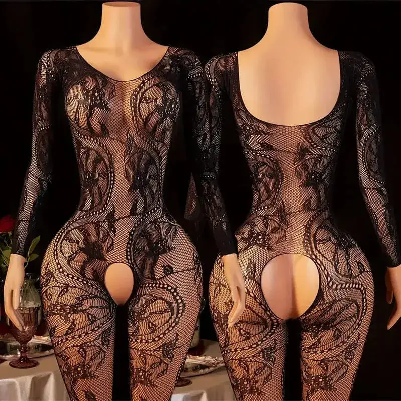 Lace Bra One-Piece Set Crotchless Lingerie Women's Curve Jumpsuit Hot Open Bras Body Stockings Halter Neck See-through Underwear