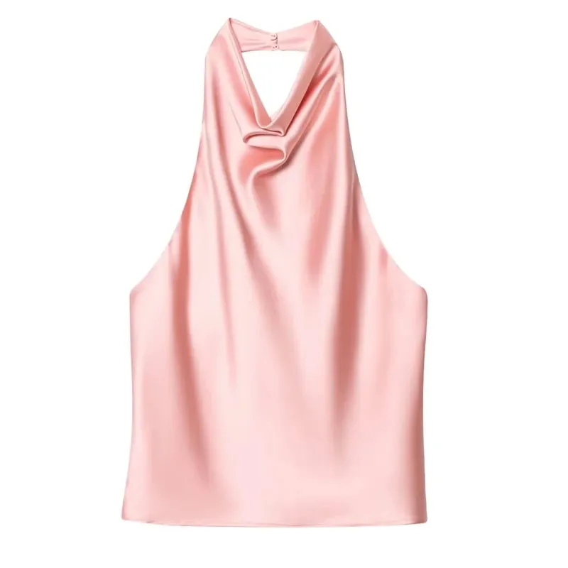 Women's Tanks Halter Top Women Sleeveless Green Crop Tops Summer Satin Party Evening Top Backless Sexy White Black Top