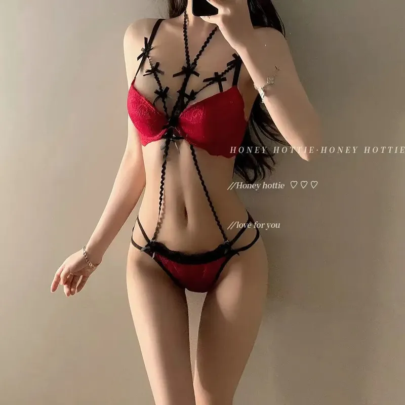 French Romantic Halter Lace Bra Set Bow Detail Women Push Up Underwear Small Bust Dating Lingerie Kit Sizes 32-38 Set