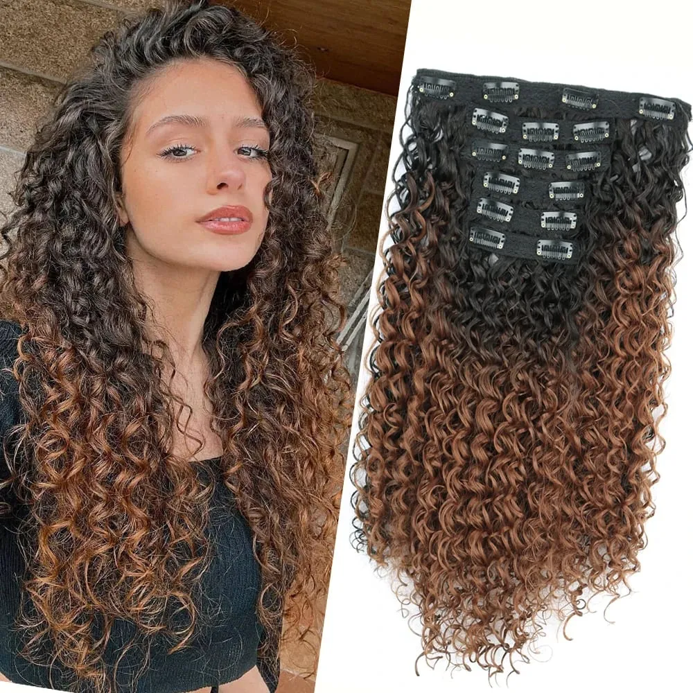 Synthetic 16 Clip In Hair Extensions Kinky Curly Fluffy Black Blonde Full Head Fake Pieces Hair Extensions For Black Women