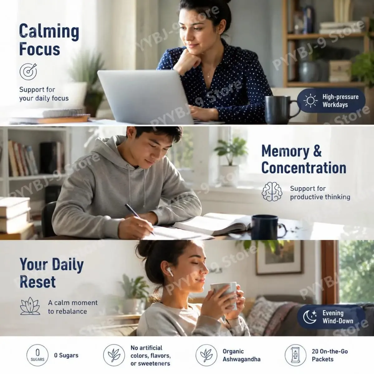 Calming Powder Drink Mix with L-Theanine Focus Memory Concentration & Cognitive Support Healthy Cortisol Balance 20 Packets