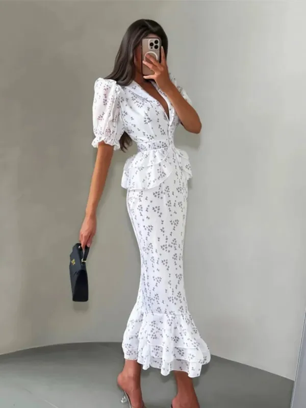 White Pink Floral Choker Neck Dress Women Elegant V-neck 3/4 Sleeves Peplum Ruffle Hem Long Dresses 2026 Lady Daily Vestidos New