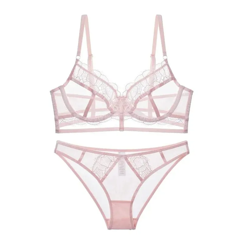 Ultra-Thin Embroidery Mesh Lingerie Set with Steel Ring Push-Up for Large Breasts & Sexy Look