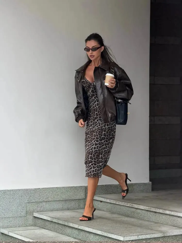 2026 New Mesh Midi Dresses V-Neck Lace-Up Sleeveless Leopard Printing Fashion Casual Street Style For Women Summer Chic