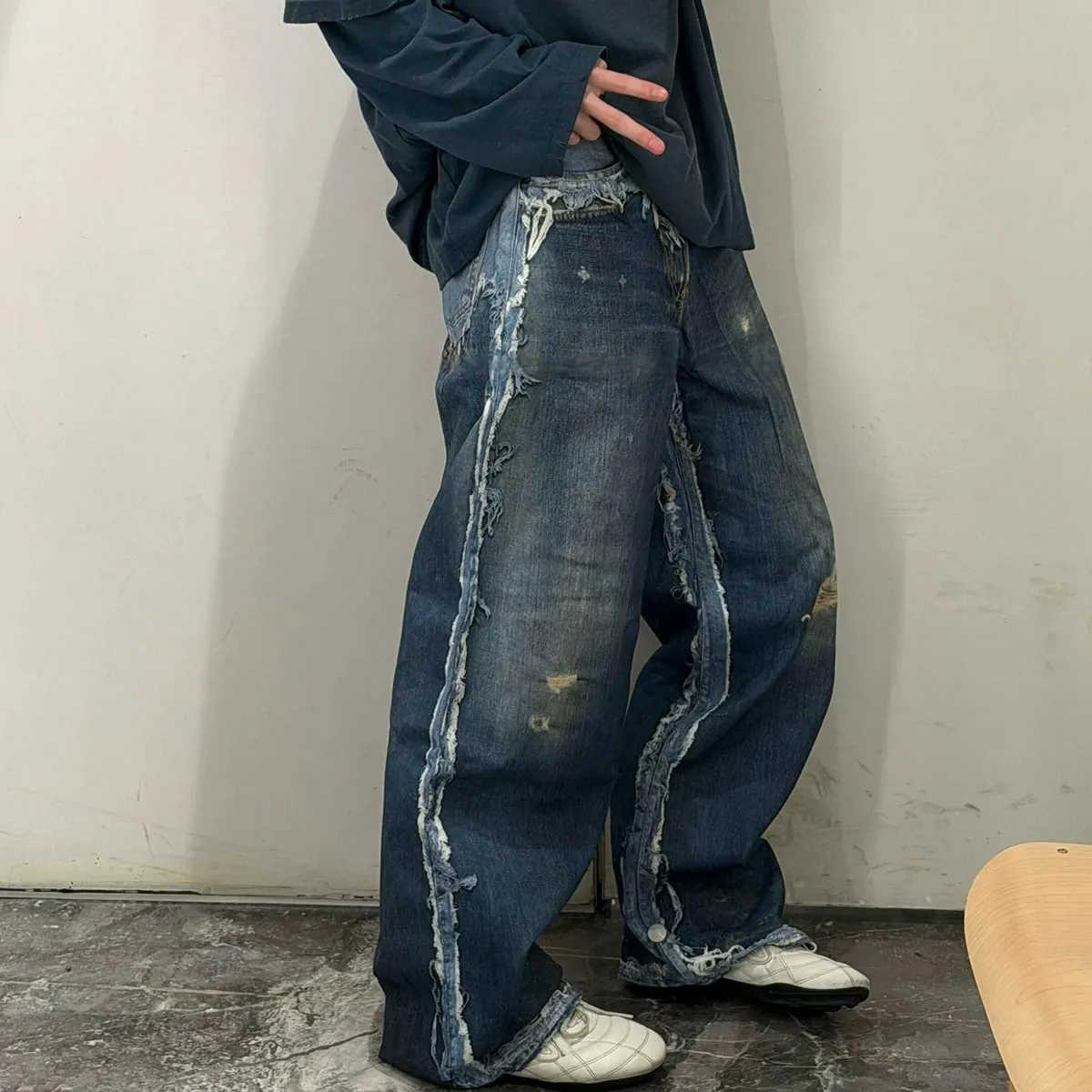 Fake Two Pieces 3D Print Patchwork Baggy Jeans for Men and Women Straight Casual Loose Denim Trousers Oversized