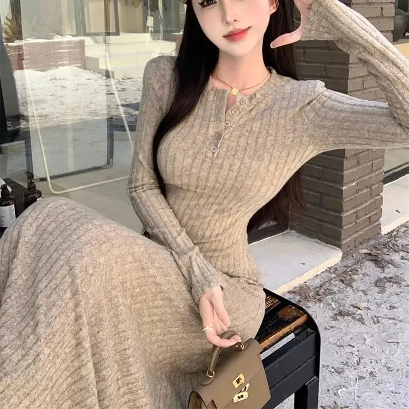 Smvp Gaun Rajut Pinggang Tinggi Ramping Elegan Gaun Panjang Hangat Tebal Lengan Panjang Musim Gugur Musim Dingin Wanita Vestidos Pakaian Jalanan Antik — image 5